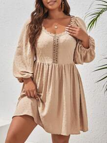 SHEIN VCAY 大碼圓點水溶蕾絲拼接燈籠袖洋裝 - 卡其色 - 查看 1