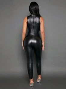 SHEIN SXY Cut Out Front PU Leather Unitard Jumpsuit - Black - View 2
