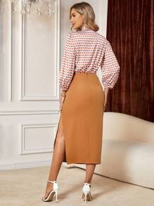 SHEIN Clasi In Toàn bộ Cà vạt Áo sơ mi & Tách đùi Váy - Lạc đà - Xem 2