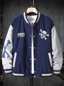 Manfinity LEGND 1件男裝寬鬆字母印花色塊條紋裝飾校園夾克 - 藍色 - 查看 3