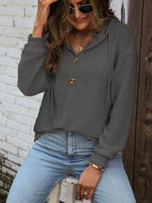 SHEIN LUNE 半排扣落肩袖抽繩連帽衫 - 深灰色 - 查看 5