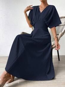 Breezaya Chất rắn tay cánh Váy chữ A - Xanh đậm - Xem 1