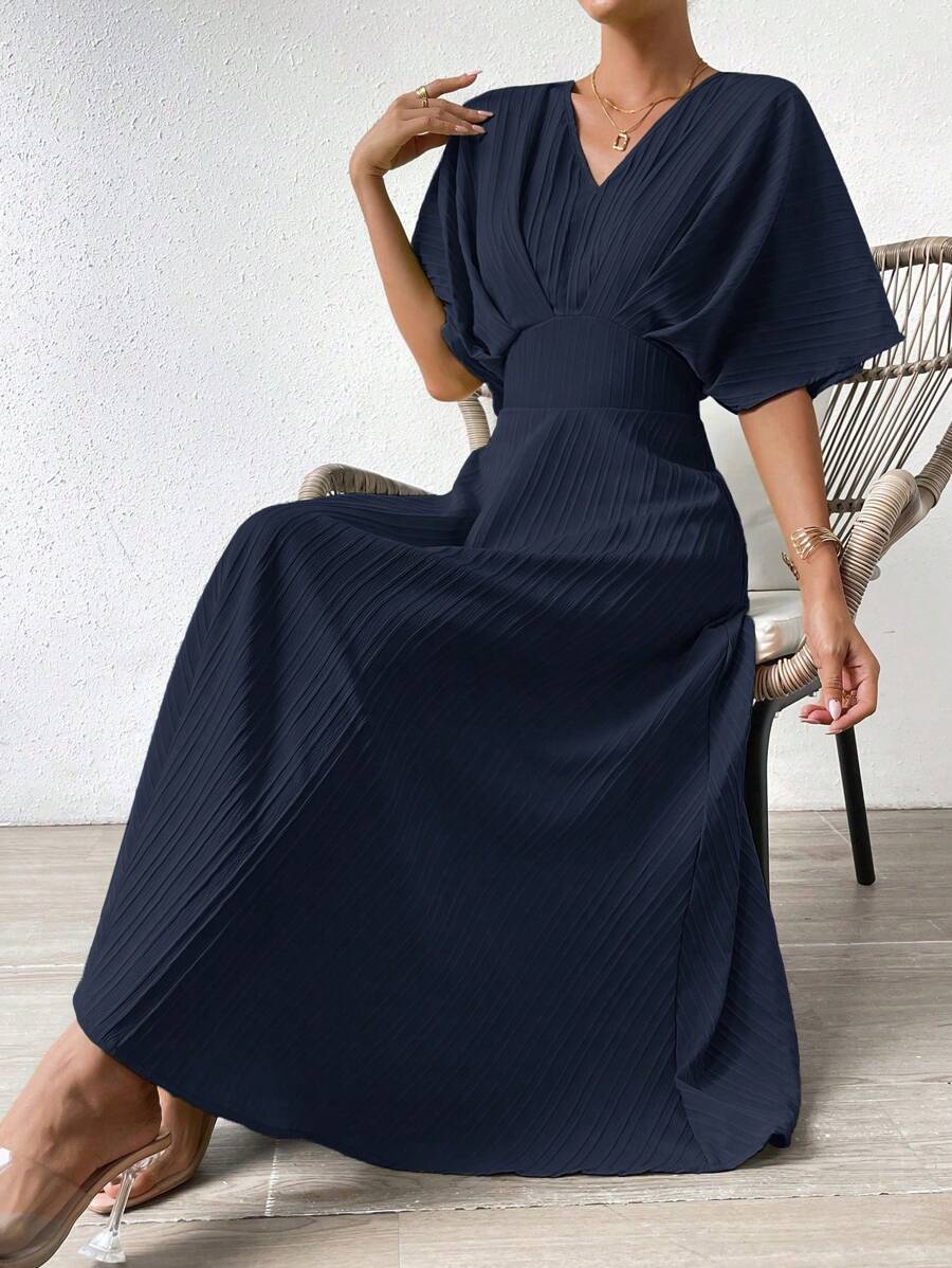 Breezaya Chất rắn tay cánh Váy chữ A - Xanh đậm - Xem 1