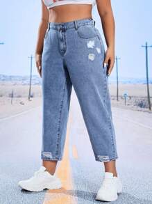 SHEIN EZwear Plus High Waist Ripped Mom Fit Jeans - Light Wash - View 5