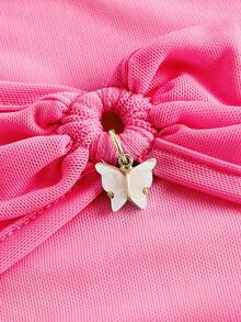 SHEIN MOD 大碼前鏤空褶邊網紗T恤 - 玫紅色 - 查看 4