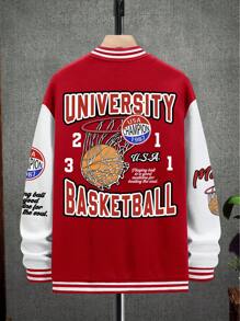 Manfinity Roghcode 超大号男士落肩运动夹克，带字母图案、条纹饰边和拼色设计，外出街头穿着棒球长袖夹克，送给朋友、丈夫、男朋友的礼物，运动夹克，运动员夹克，棒球夹克，男士运动夹克，篮球夹克 - 紅白色 - 查看 4