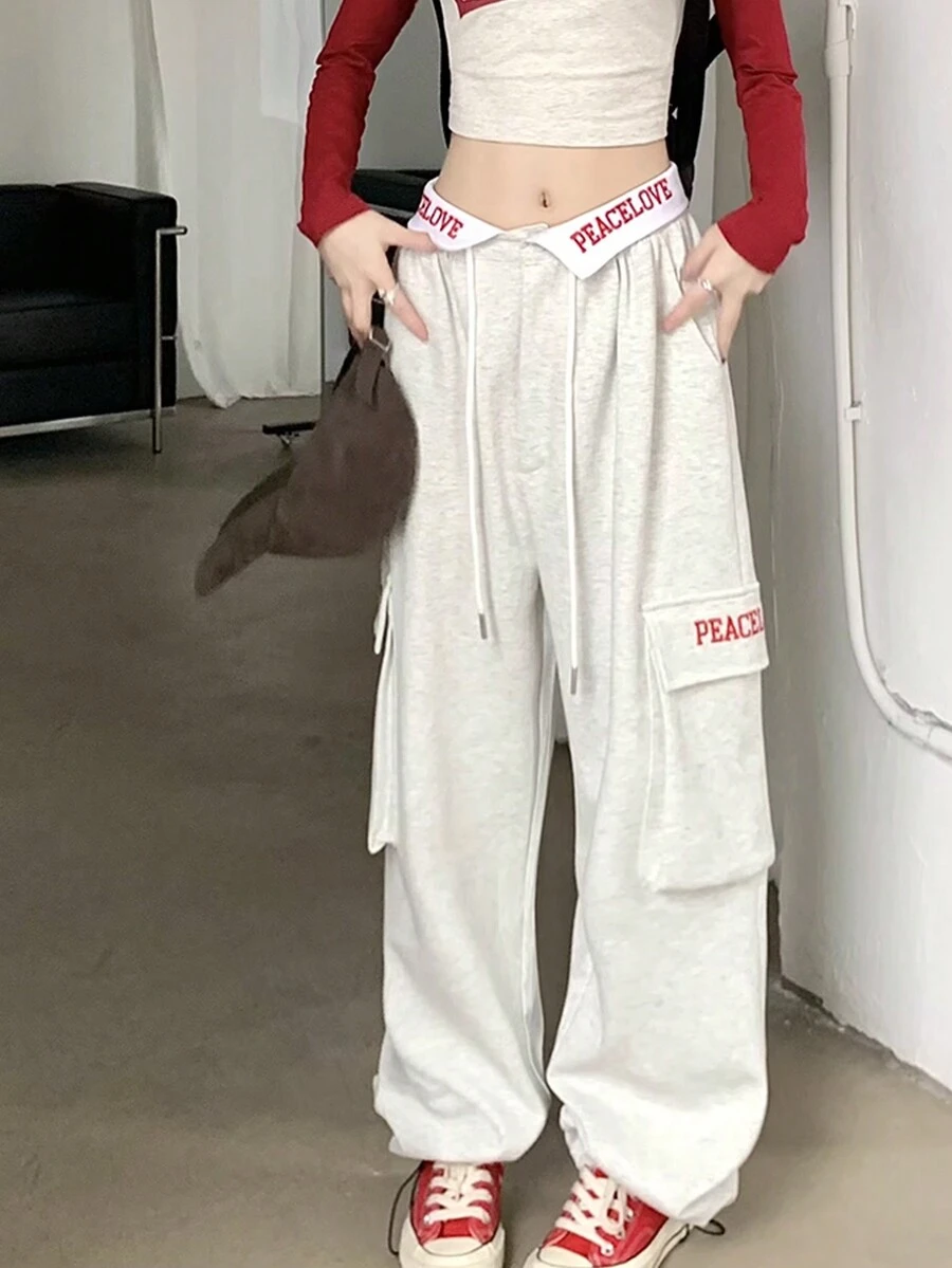 Women's Casual Letter Embroidery Drawstring Pocket Loose Minimalist Straight Leg Pants - Light Grey - View 1