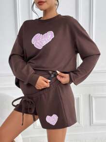 SHEIN Maternity Heart & Letter Graphic Drop Shoulder Pullover & Drawstring Waist Shorts - Chocolate Brown - View 3