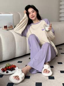 DAZY 字母圖案插肩袖T恤和褲子休閒套裝 - 紫色 - 查看 5