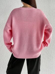 SHEIN Qutie Solid Drop Shoulder Waffle Knit Sweater - Pink - View 2