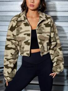 SHEIN EZwear Chaqueta teddy con hombros caídos y estampado de camuflaje - Multicolor - Ver 4