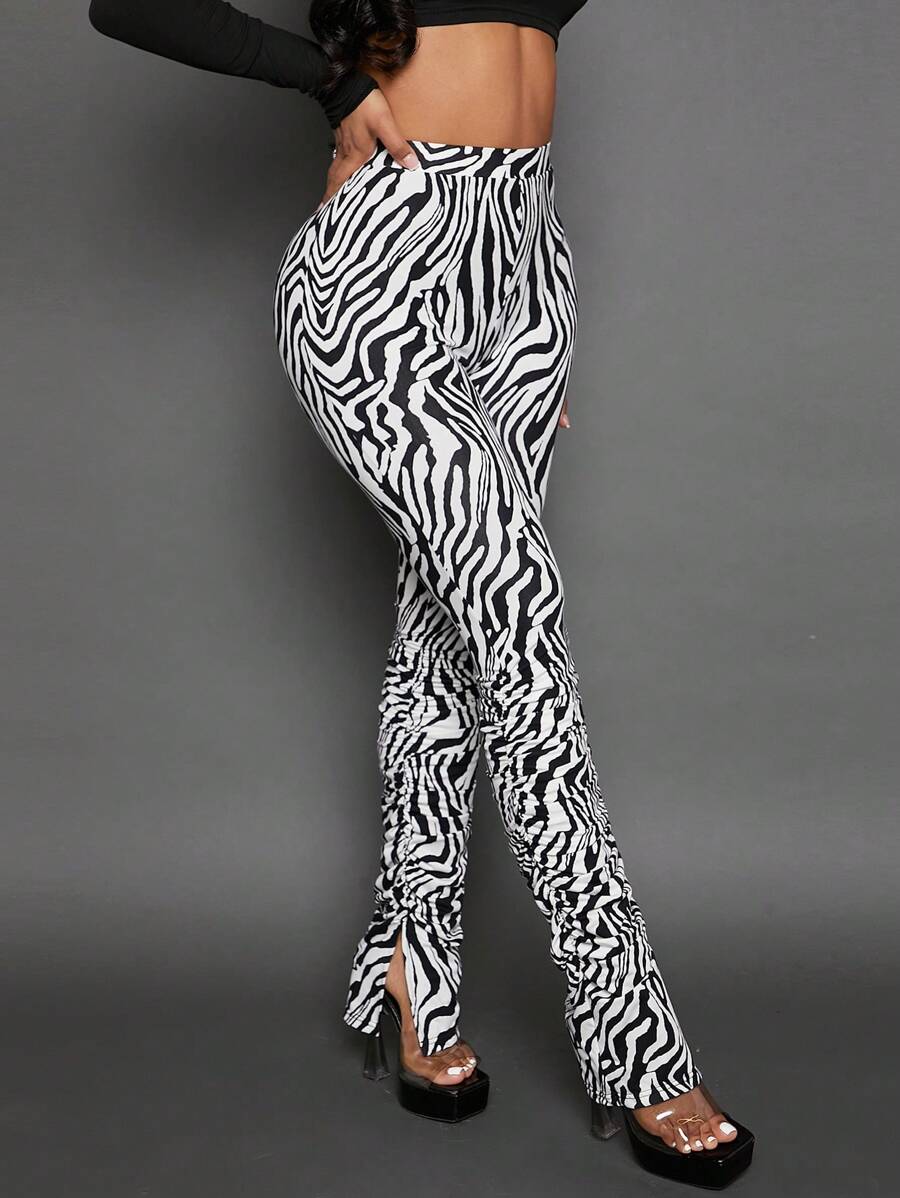 SHEIN SXY 斑馬條紋下擺開叉褶皺緊身打底褲 - 黑與白 - 查看 1