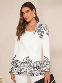 SHEIN Clasi 印花西裝領西裝外套 - 白色 - 查看 6