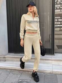 RueChic Letter Graphic Half Zip Drop Shoulder Crop Sweatshirt & Sweatpants - Beige - View 3