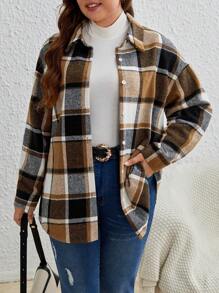 SHEIN Frenchy Plus Plaid Print Drop Shoulder Coat Winter Fall Autumn - Khaki - View 6
