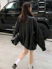 女式黑色仿皮夹克，韩版2025新款宽松翻领长袖机车夹克，秋季