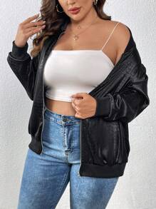 SHEIN LUNE Plus Crocodile Embossed Drop Shoulder Zip Up Bomber Jacket - Black - View 6