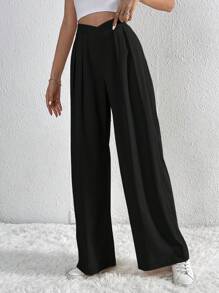 SHEIN Tall Pantalones de pierna ancha unicolor con bolsillo oblicuo - Negro - Ver 4