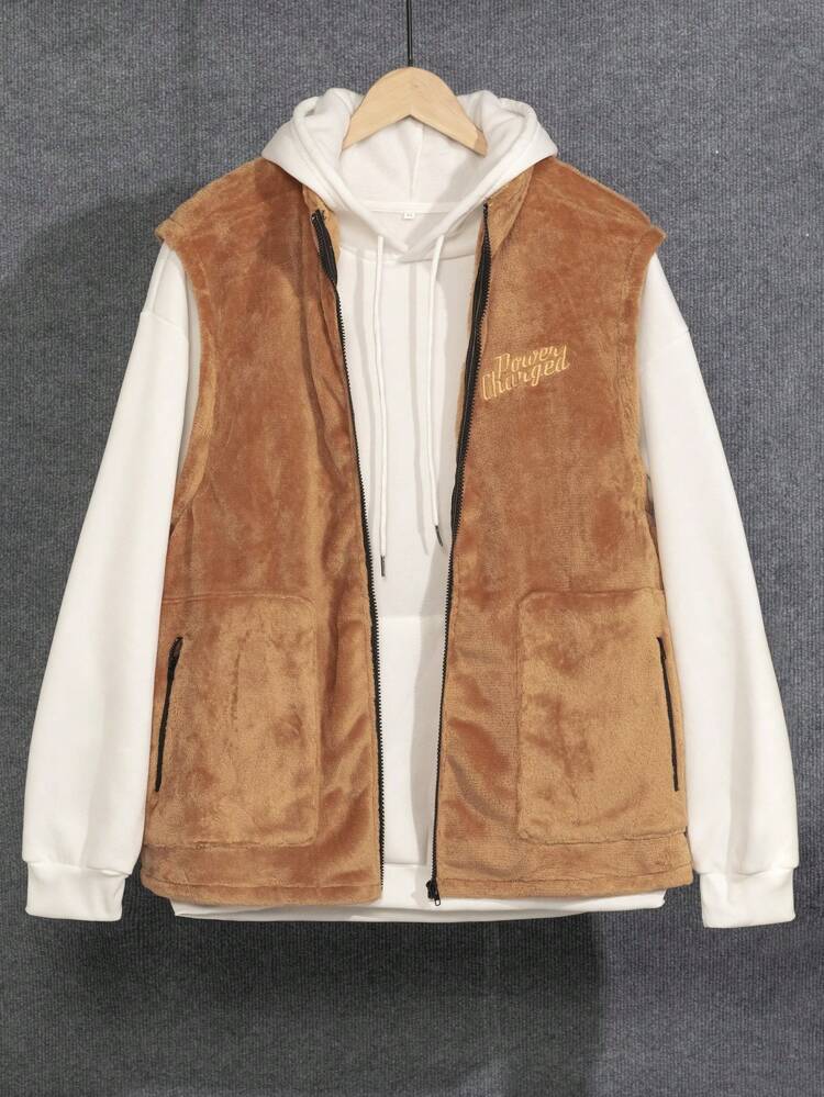 Men's Loose Fit Vest Jacket With Letter Embroidery, Zipper Closure (Without Sweatshirt)