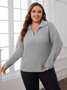 SHEIN Essnce Plus Quarter Zip Drop Shoulder Sweater - Light Grey - View 5