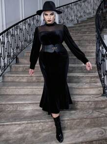 Celure Hơn Halloween Lưới tương phản Cổ giả Nhung Đầm Không có thắt lưng - màu đen - Xem 7