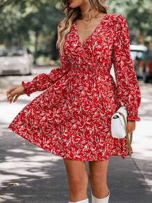 SHEIN Holidaya 休閒交叉 打褶全身印花女士連衣裙 - 紅色 - 查看 7