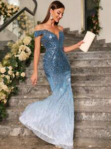 UNITHORSE 露肩美人鱼下摆亮片礼服优雅舞会晚会婚礼宾客礼服，适合毕业典礼、晚宴派对礼服、新娘礼服、生日女士服装 - 藍色 - 查看 6