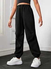 SHEIN Tween Girl Solid Drawstring Waist Pants - Black - View 4