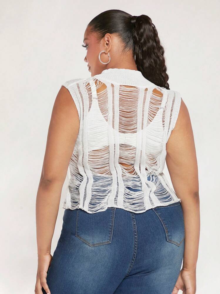 SHEIN SXY מידות גדולות קרוע חולצות סריג ללא חזייה - לבן - ראה 2