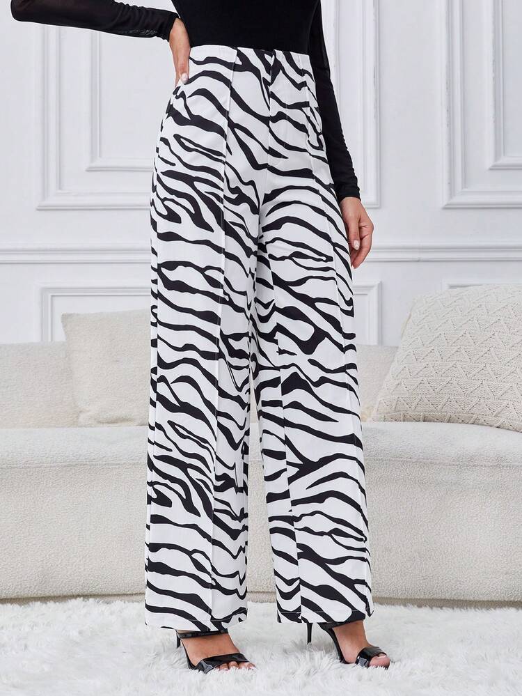 SHEIN Tall 斑馬條紋前縫長褲 - 黑與白 - 查看 3