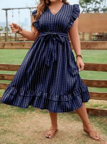Celure 大碼條紋印花荷葉邊繫腰帶洋裝 - 寶藍色 - 查看 4