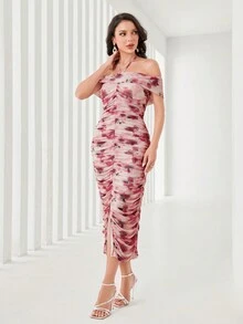 Modelyn Đầm Maxi hở vai xếp nếp hở đùi in họa tiết toàn thân cho nữ - Hồng - Xem 4