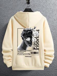 Men Sculpture & Letter Graphic Drawstring Hoodie - Apricot - View 1