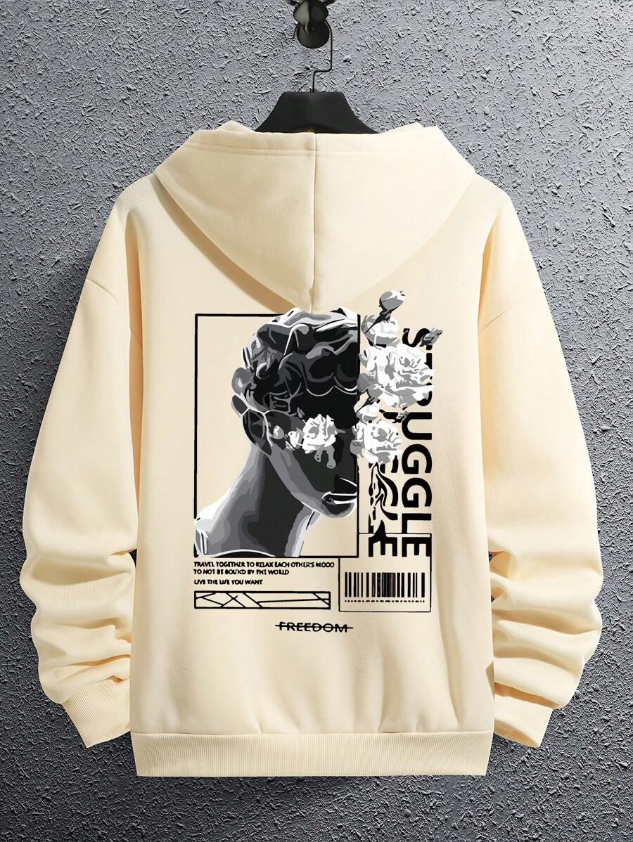 Men Sculpture & Letter Graphic Drawstring Hoodie - Apricot - View 1