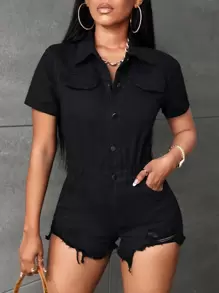 SHEIN SXY Flap Detail Raw Cut Denim Romper