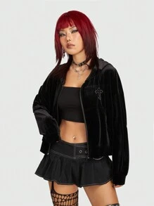 ROMWE Grunge Punk 交叉水鑽拉鏈開襟絲絨夾克 - 黑色 - 查看 1