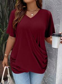 EMERY ROSE T-shirt arricciata e avvolta tinta unita di taglia forte - Bordò - Visualizzare 1