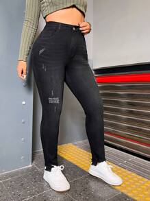 SHEIN EZwear Plus High Waist Ripped Skinny Jeans - Black - View 5
