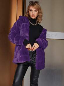 Eilly Bazar Solid Open Front Fuzzy Coat - Purple - View 1