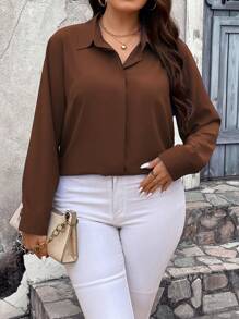 Vionelle Plus Size Women's Solid Color Long Sleeve Single-Breasted Casual Shirt - Brown - View 6