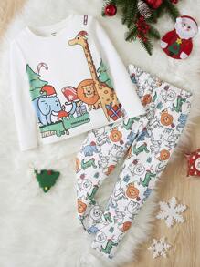 SHEIN Young Boy Cartoon Graphic Snug Fit PJ Set - Multicolor - View 1