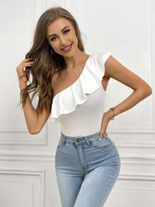 SHEIN Privé One Shoulder Ruffle Trim Asymmetrical Neck Top - White - View 4