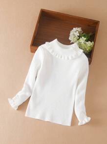 Tween Girl Ruffle Trim Flounce Sleeve Ribbed Knit Sweater