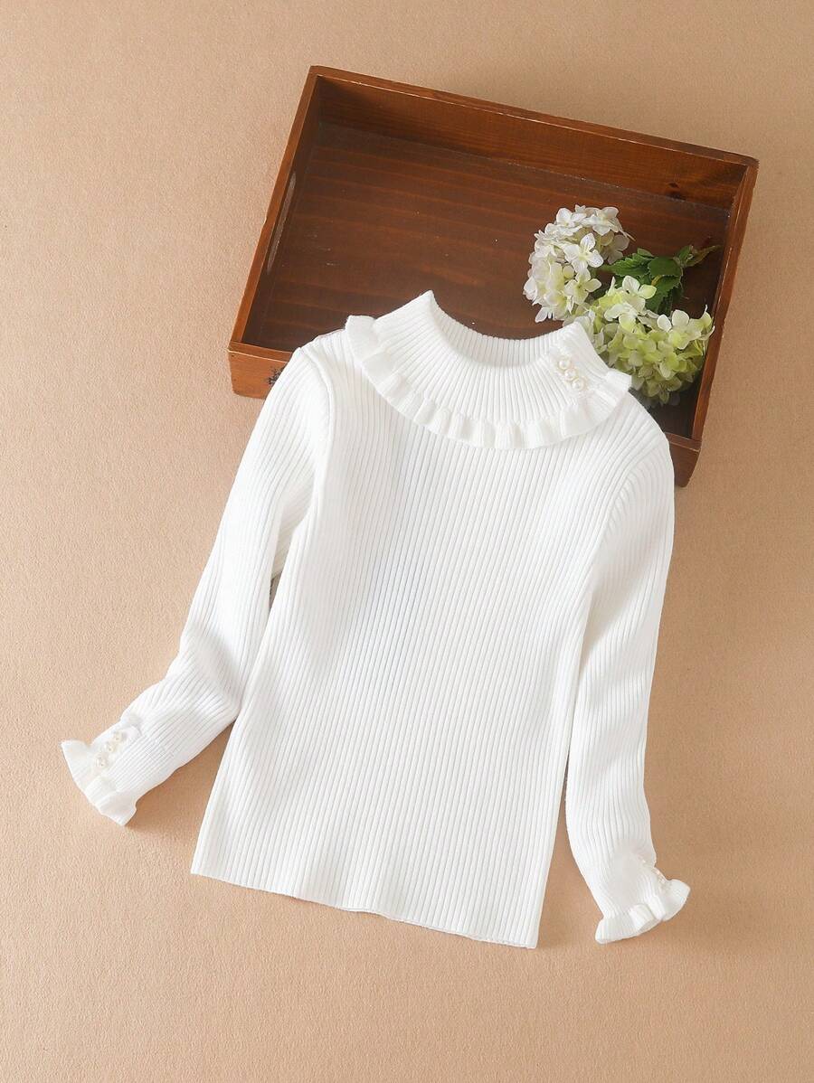 Tween Girl Ruffle Trim Flounce Sleeve Ribbed Knit Sweater
