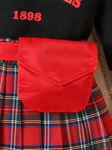 Baby Girl Letter Graphic Contrast Collar Sweatshirt & Tartan Pleated Skirt & Bag