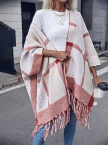 SHEIN LUNE 格紋圖案流蘇下擺蝙蝠袖斗篷開衫 - 彩色 - 查看 6