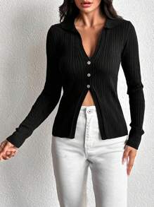 SHEIN Solid Button Front Cardigan - Black - View 3