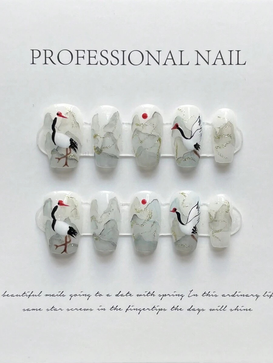 ROMWE 10pcs Long Coffin Crane & Mountain Pattern Fake Nail Kit - White - View 1