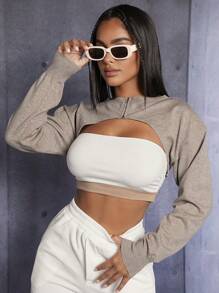 SHEIN PETITE 素色超短版開襟衫不附抹胸 - 卡其色 - 查看 8