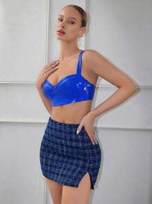 SHEINNeu Solid PU Leather Cami Top & Plaid Print Skirt